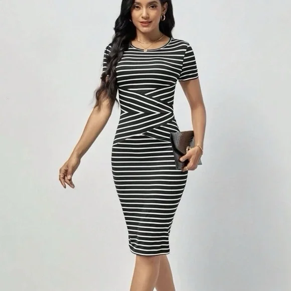Sheath Black and White Striped Dress  Size Small - Picture 4 of 17